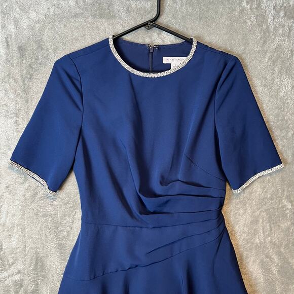 Kay Unger Navy Blue Fit & Flare Dress Elegant Draped Bodice Rhinestone Trim Sz 4 - Picture 2 of 9